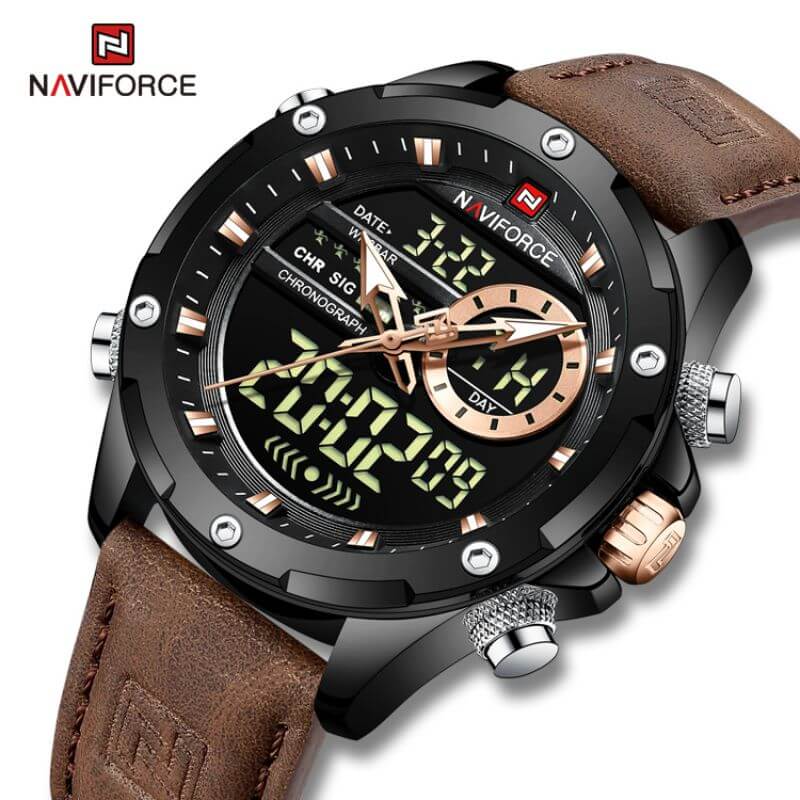 Naviforce Nf Men S Dual Display Lcd Leather Strap Complete Calendar