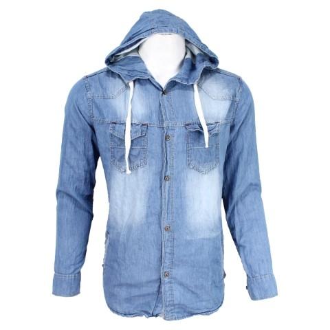 Blue Washed Denim Hooded Shirt For Men-1800