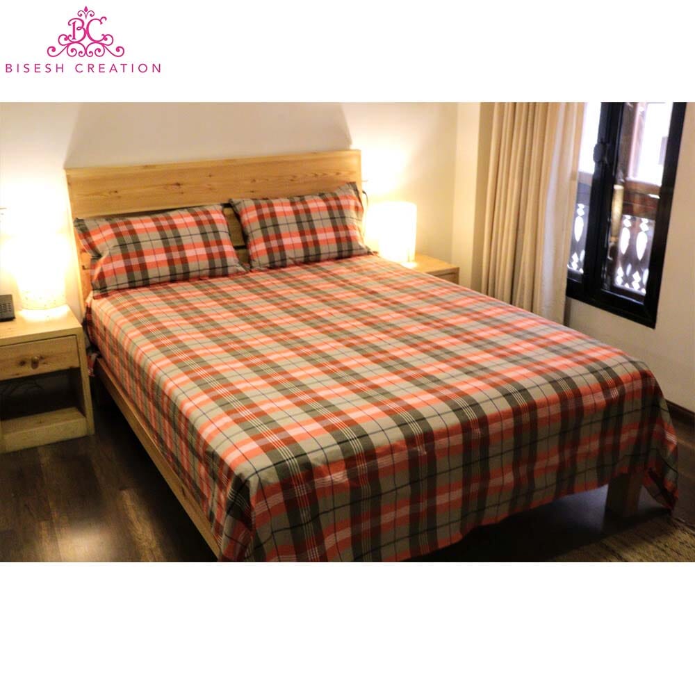 Bisesh Creation Orange Beige Checkered King Size Cotton Bed Sheet With 2 Pillow Cover-1875