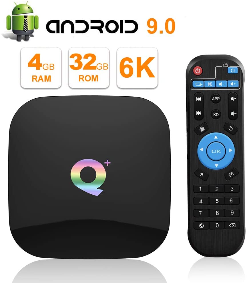 Q Plus TV Box, Android 9.0 TV Box 4GB RAM 32GB ROM WiFi 2.4GHz H6 Quad-core HDMI 2.0 Support 6K 3D/H.265