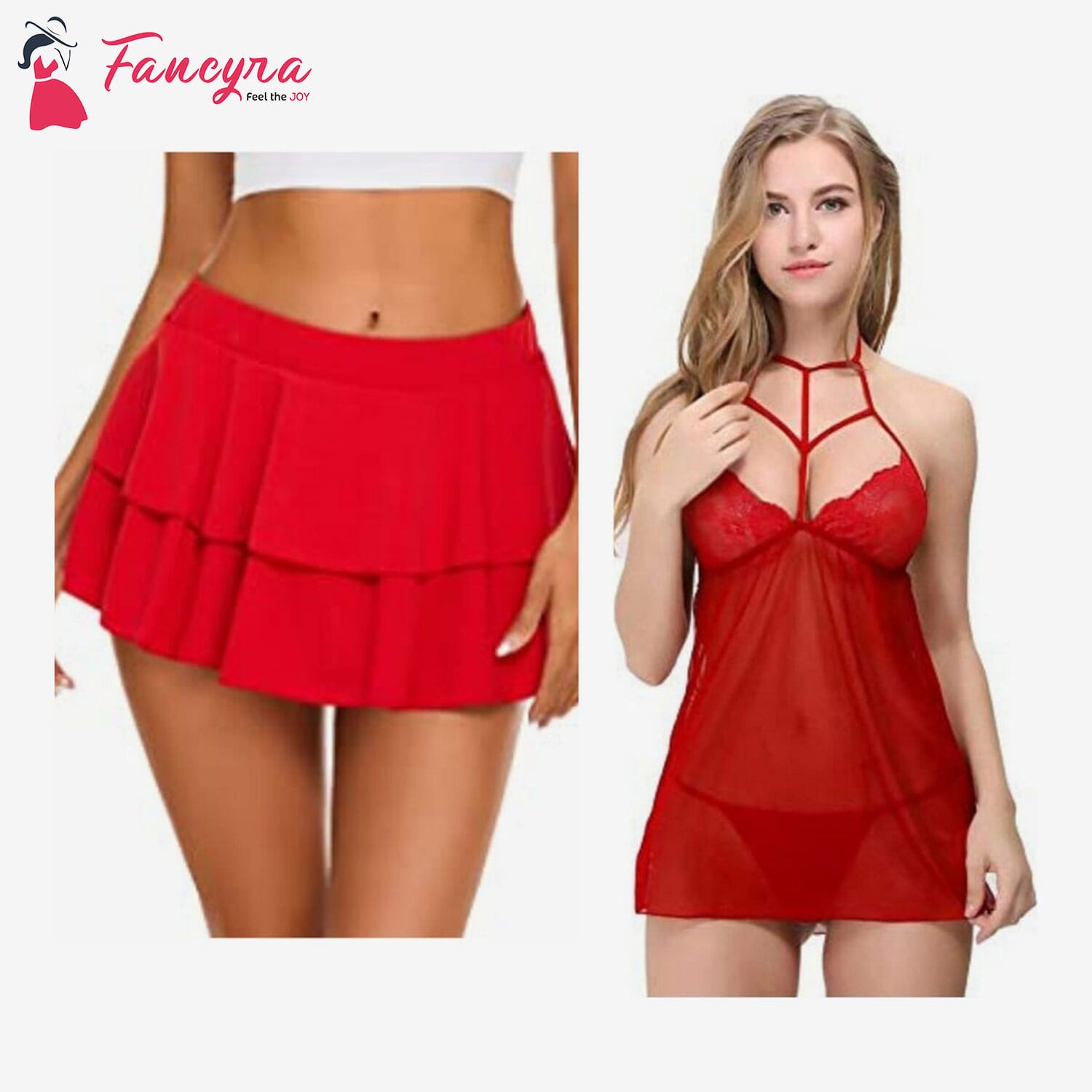Combo Set of Women Pleated Mini Skirt Solid Ruffle Lingerie Skirts and Lingerie Set Free Size Red Color