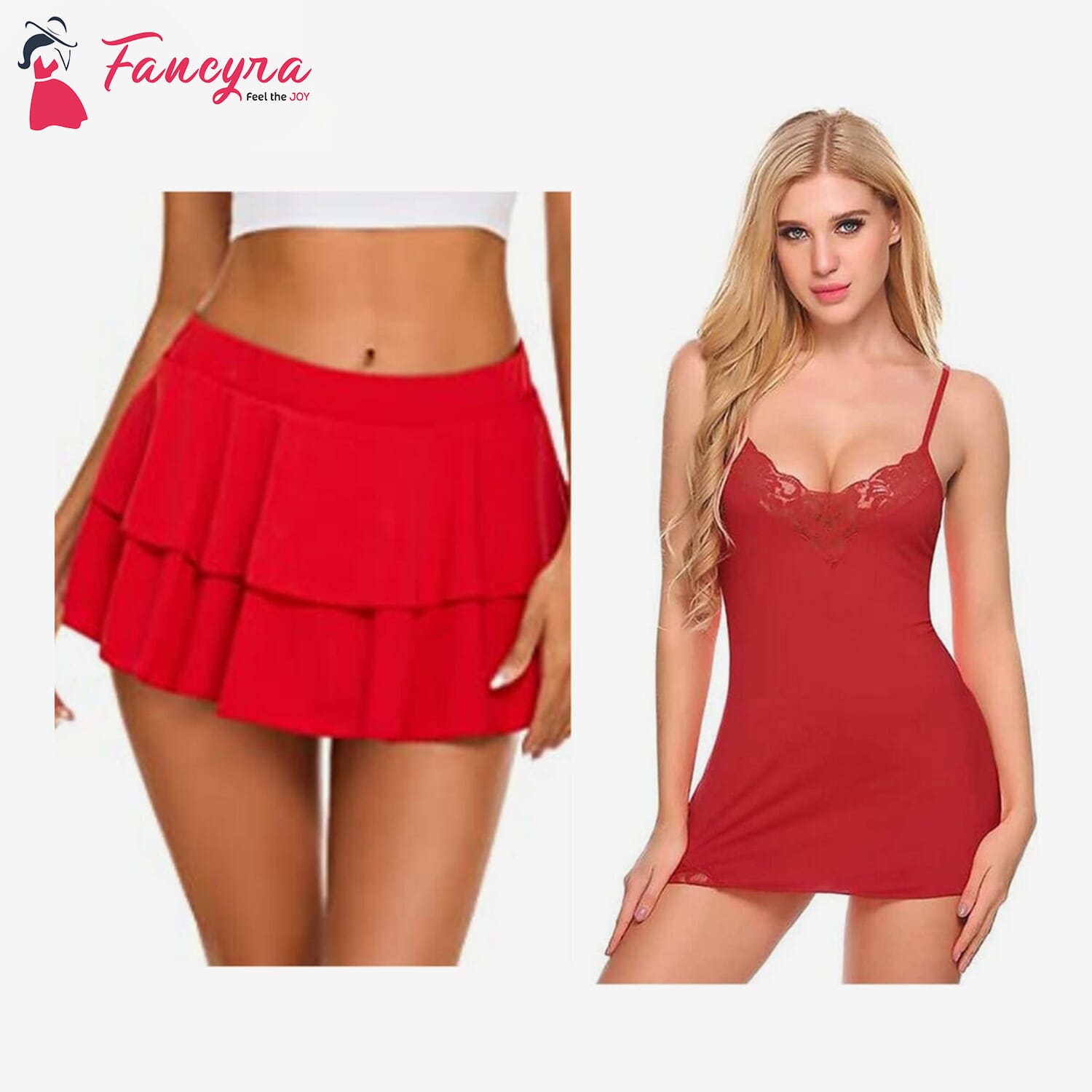 Combo Set of Women Pleated Mini Skirt Solid Ruffle Lingerie Skirts and Lingerie Set Free Size Red Color