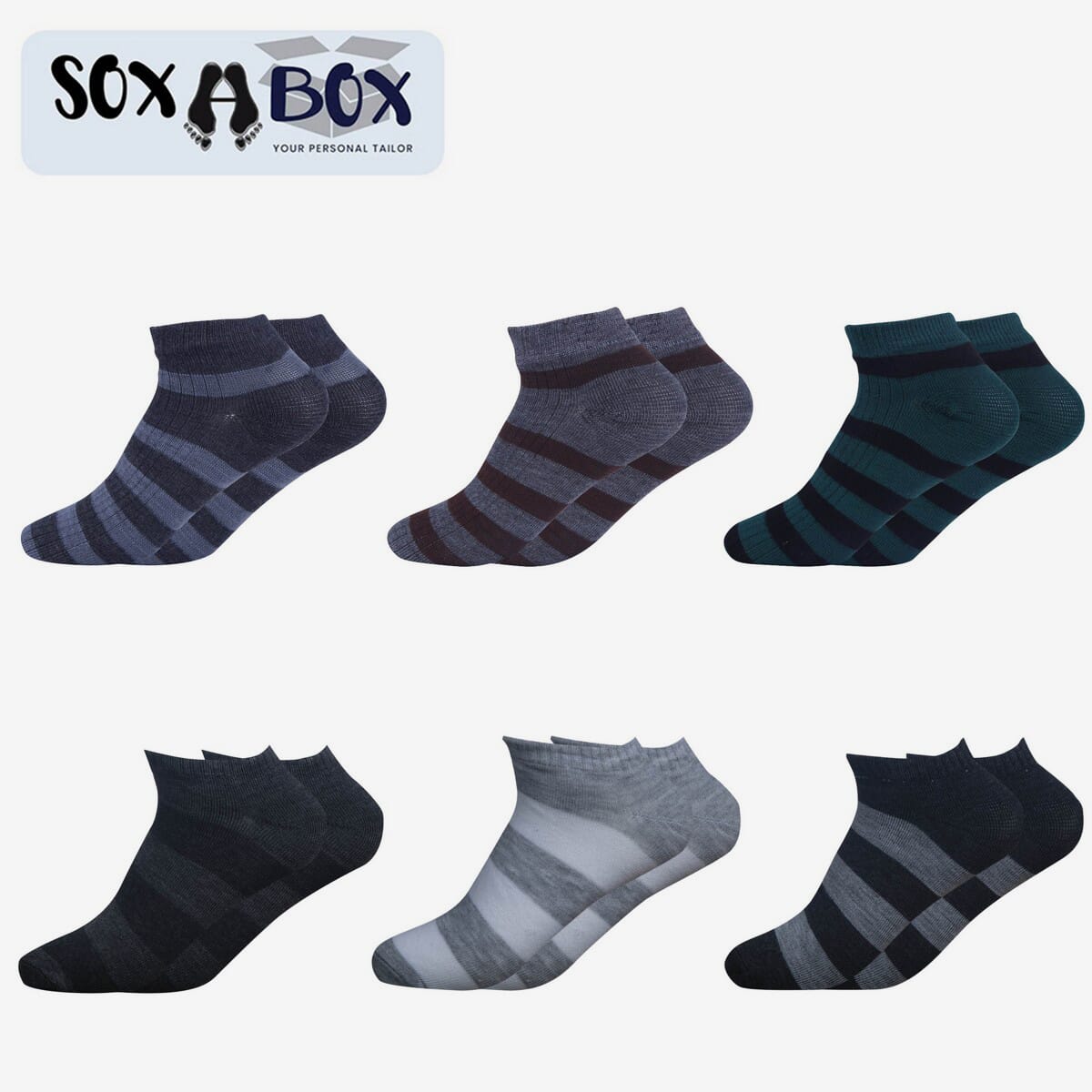 Soxabox Pack of 6 Pairs of Striped Ankle Socks For Men - Made in Nepal (SMA -20)