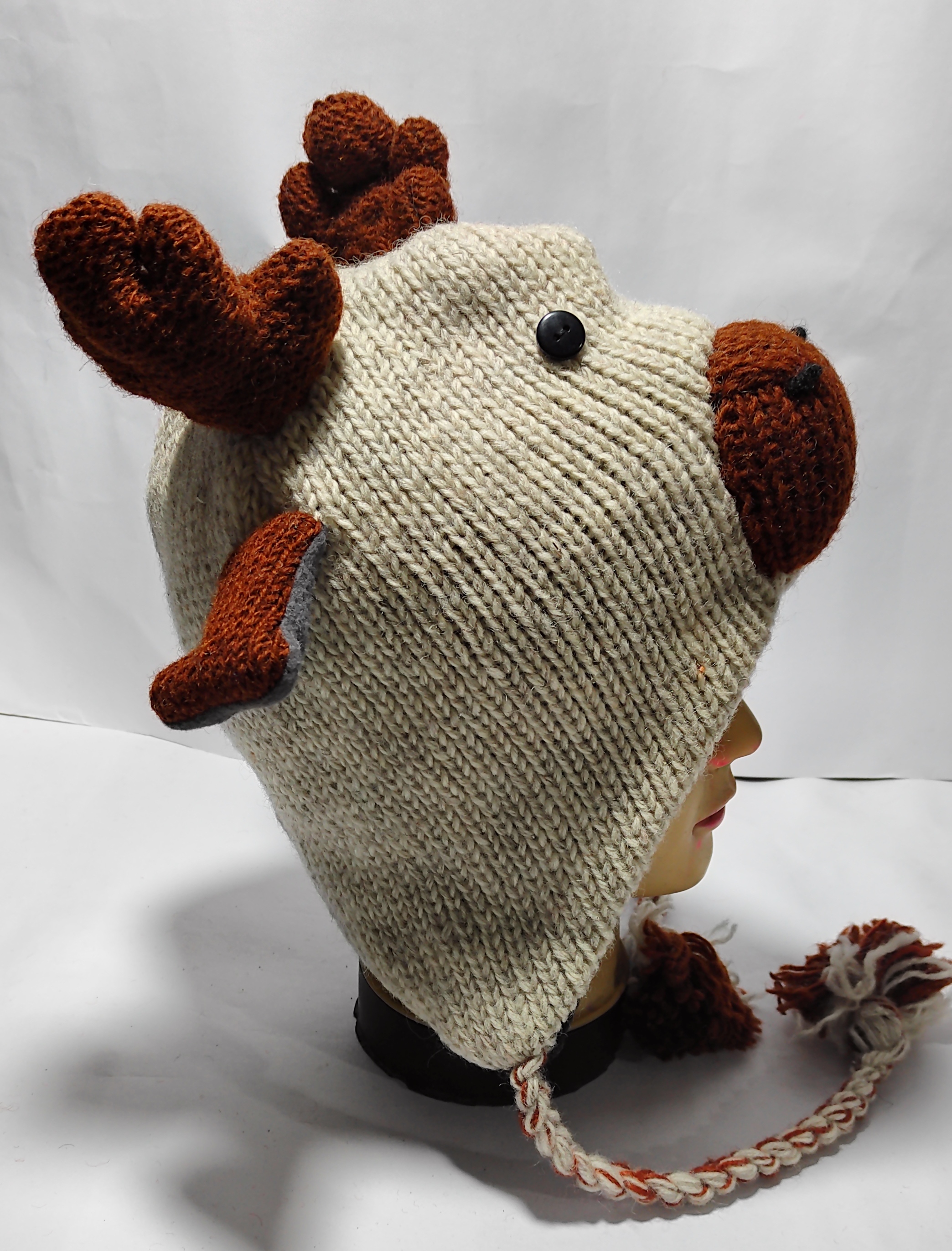 Deer Design Woolen Ear Flap Cap/Topi - Hand knitted
