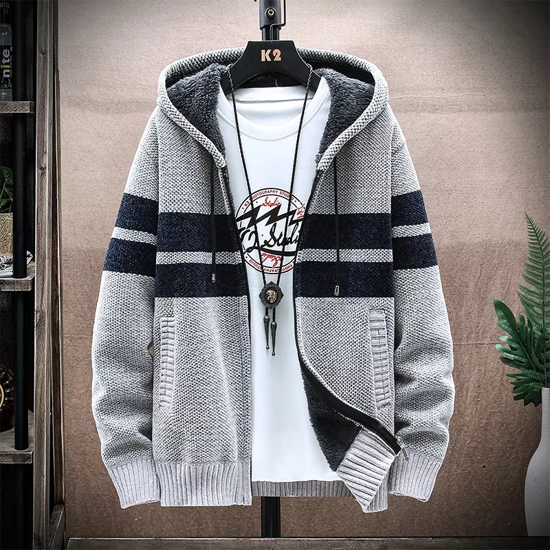 Grey Sweaters Coat Autumn Winter Warm Zipper Cardigan Sweaters Casual For Men
