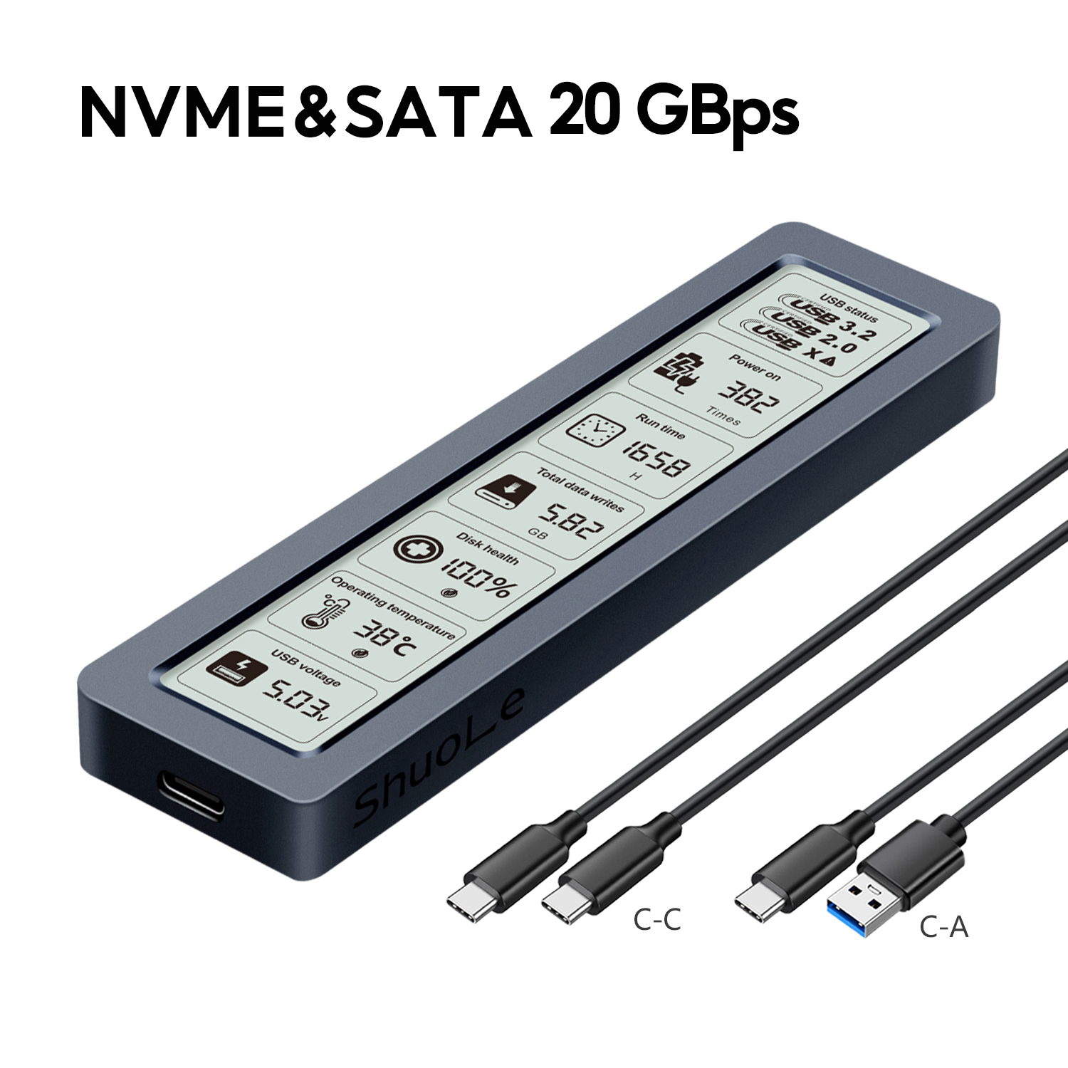 M.2 NVMe SATA SSD Enclosure Visual Smart SSD Case USB 3.2 Gen 2 10Gbps ...
