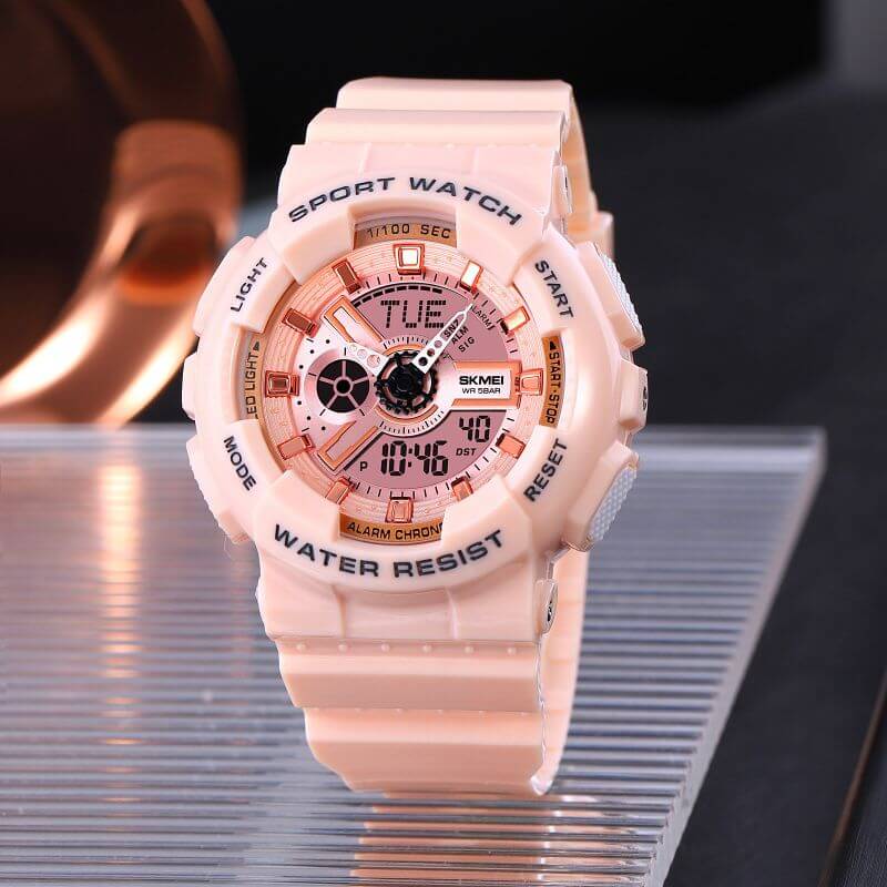 SKMEI 1689 Women Watch Fashion Chronograph Dual Display Alarm EL Light Sport - Pink