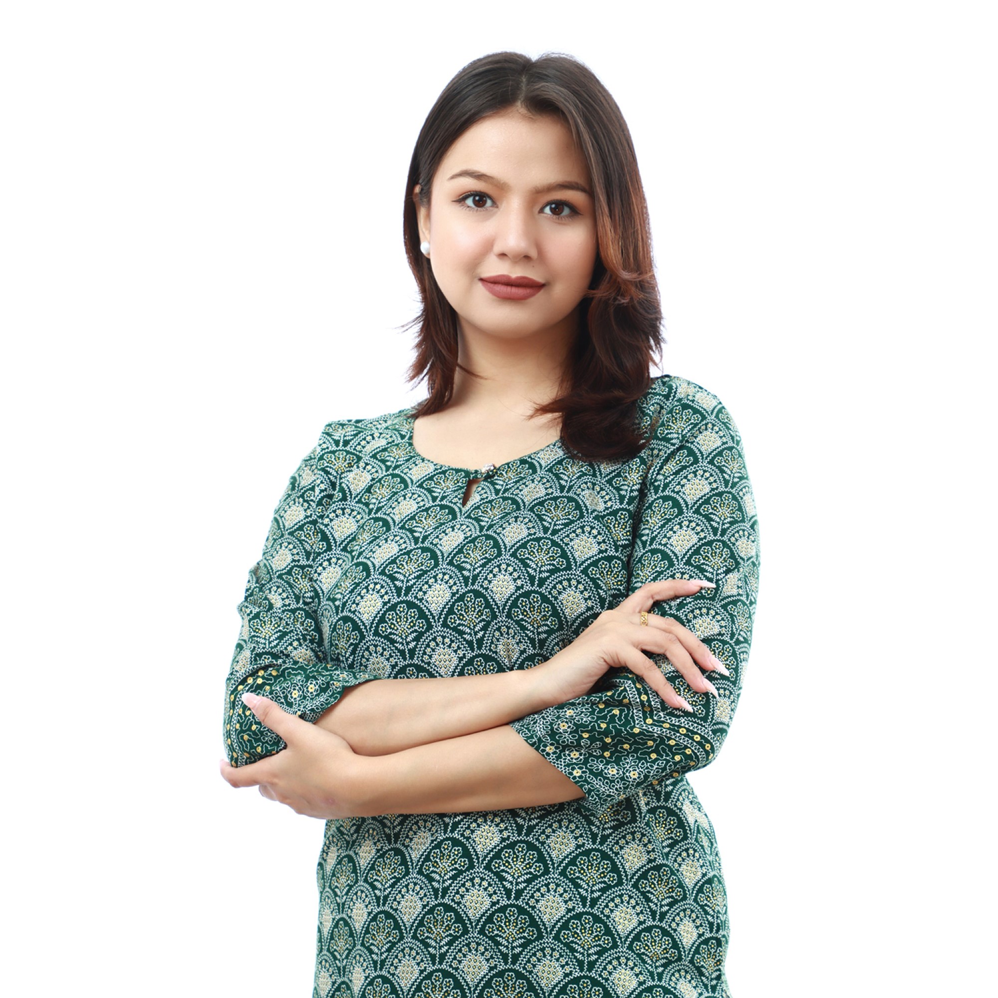 Bisesh Creation Green Foil Printed Bordered Long Kurthi With Front Button-1500