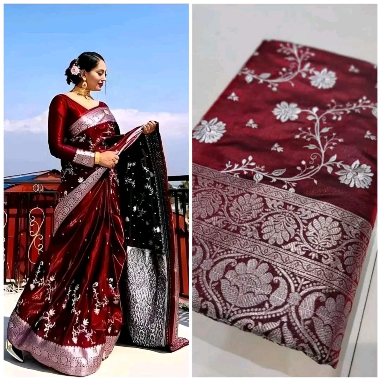 Maroon Designer Banarasi Silk Saree With Unstitched Blouse For Women