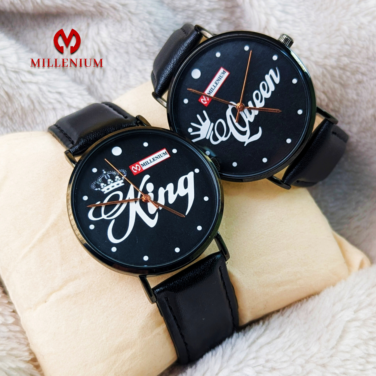 Millenium King Queen Lovers Couple Quartz Couple Wrist Watch with Leather Strap Black Daraz .np