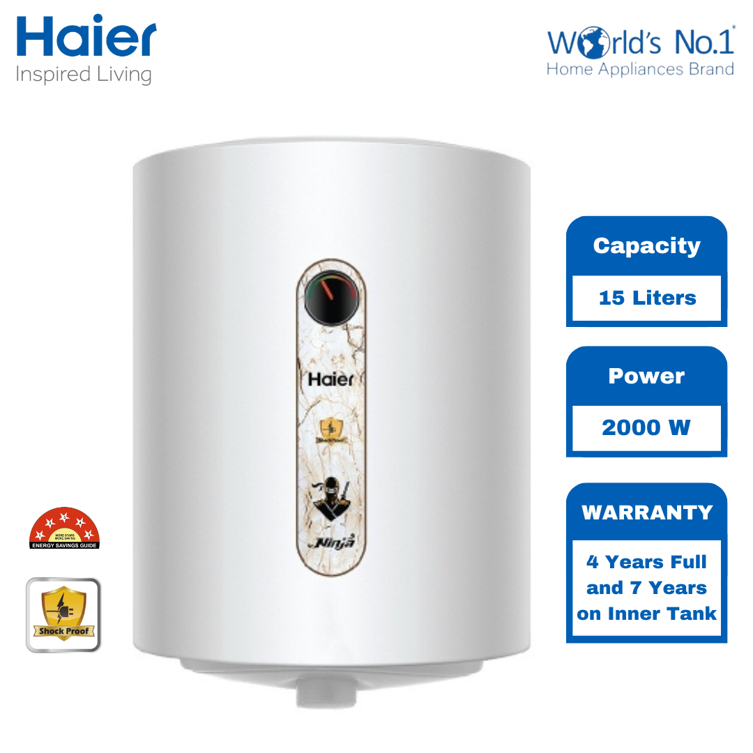 Haier 15 Liters 5-Star Rated Shock Proof Water Heater Ninja ES15V-NJ-P  World's Number 1 Water Heater Brand