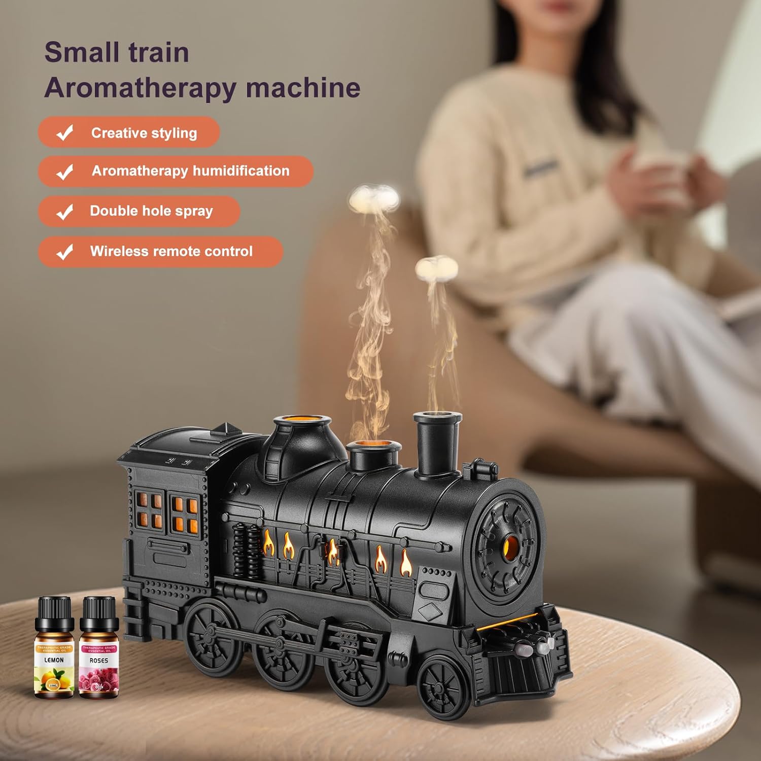 300ml Train Aromatherapy Diffuser with Remote Control for Bedroom, Office, Hotel (Black)