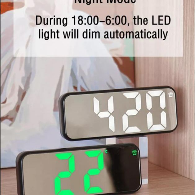 Mirror Digital Alarm Clock Teperature Date Night Mode ℃/℉ Switch Snooze