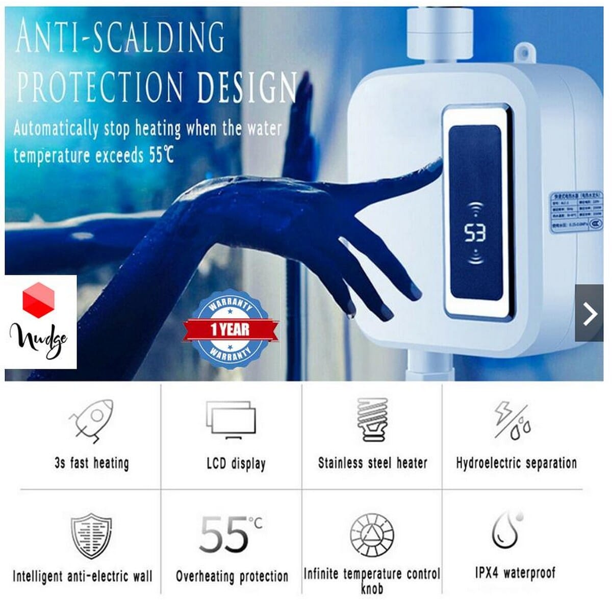 Nudge Mini Electric Tankless Instant Hot Water Heater With Lcd Display For Bathroom Kitchen 3500