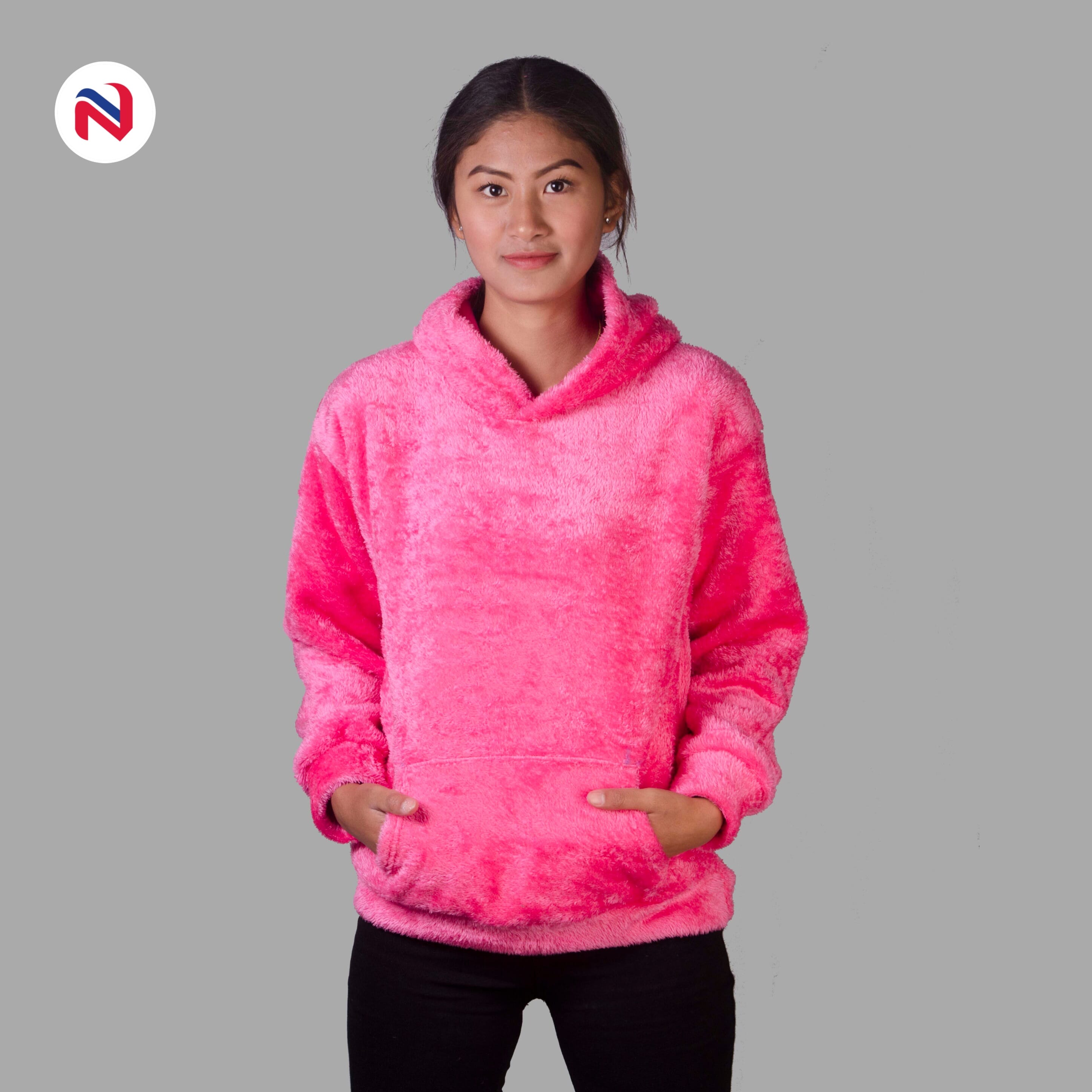 Nyptra Pink Solid Fur Pullover Hoodie 
