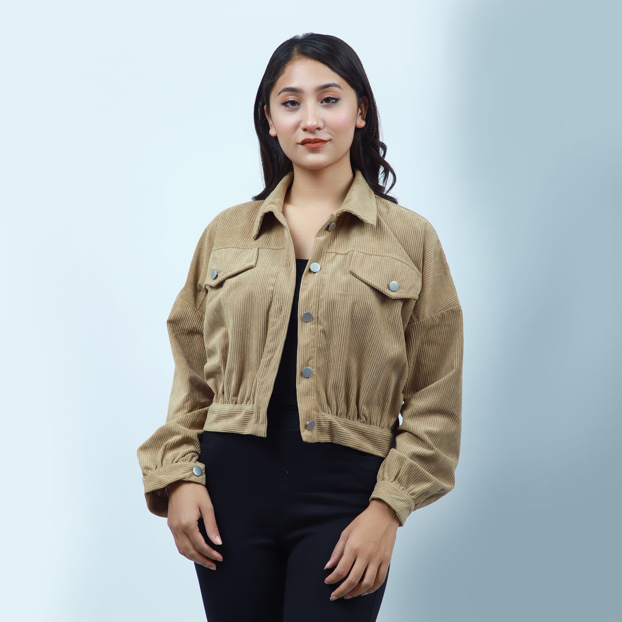 Creamy Cotton Full Sleeve Front Button Design Crop Jacket For Women