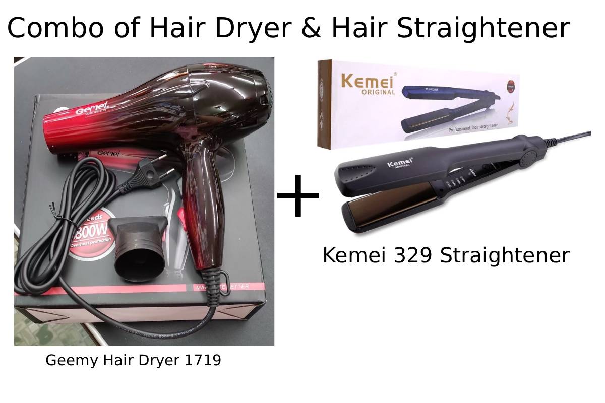 Combo of Geemy Hair Dryer 1719 and Kemei Hair Straightener 329 | Professional Styling Set for Smooth & Shiny Hair