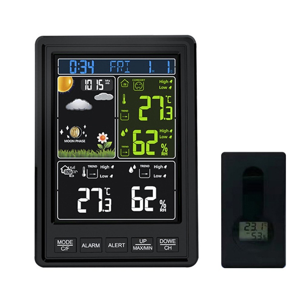 Multifunctional Weather Station Indoor/Outdoor Wireless Thermometer Temperature and Humidity Monitor Color Screen Electronic Alarm Clock Weather Forecast Clock with Adjustable Backlight Barometer Moon Phase Support USB Output