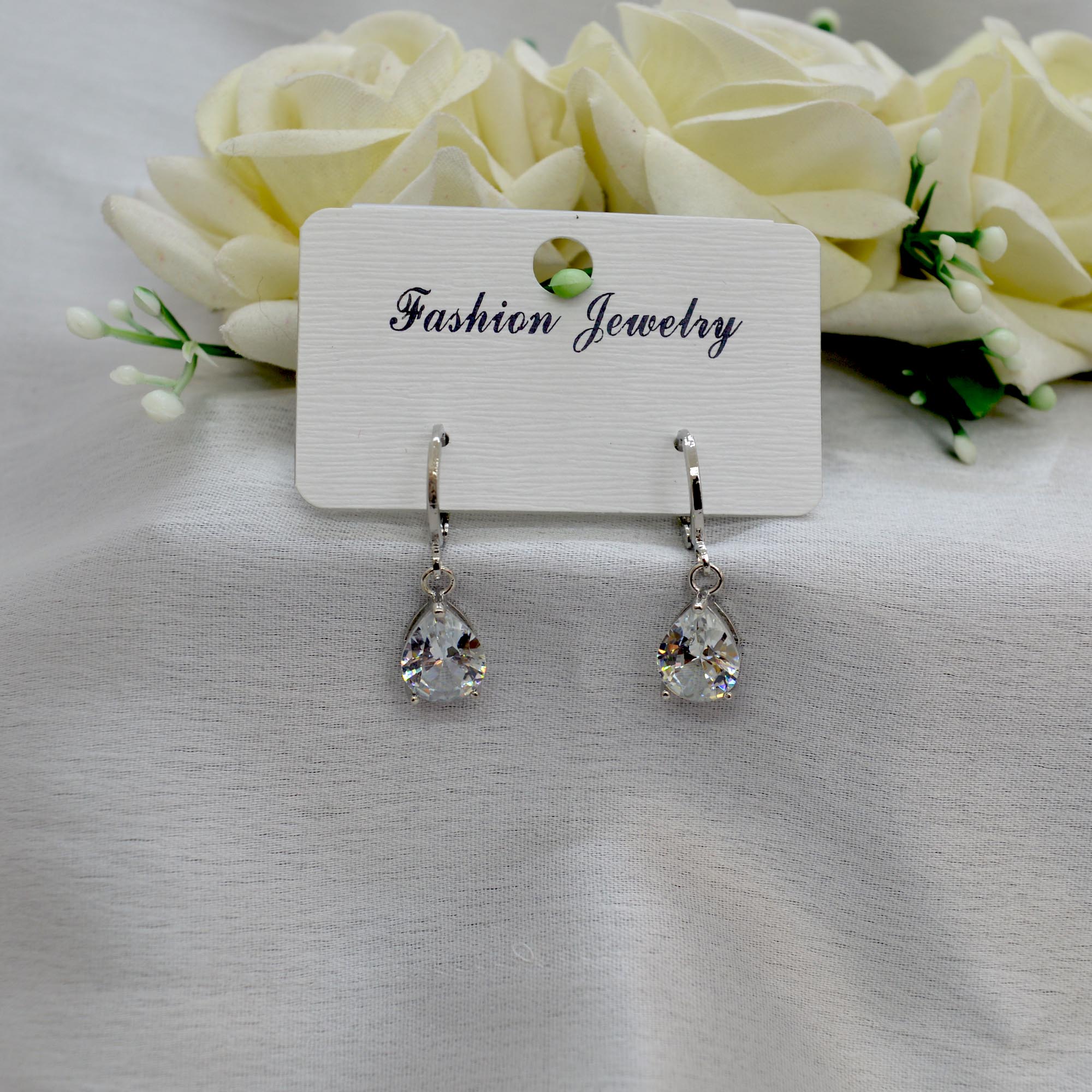 Jewels Of Nepal Drop CZ Stoned Drop Lever Back Earrings For Women