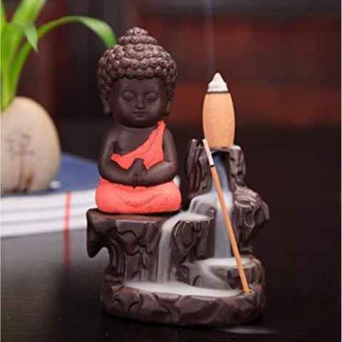 Handcrafted Meditating Little Baby Monk Buddha Smoke Backflow Cone Incense Holder Decorative Showpiece - 12 Cm (Polyresin, Multicolor)