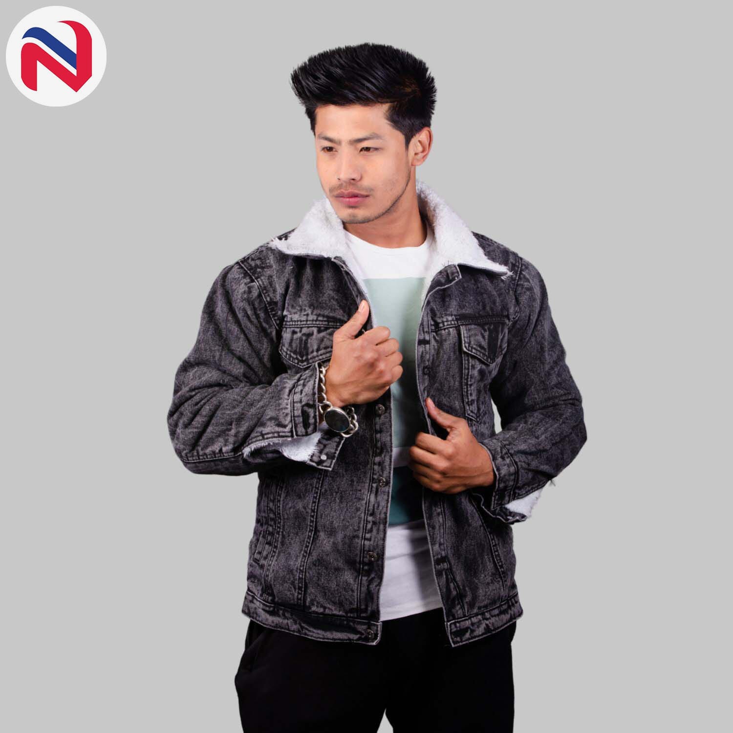 Nyptra Dark Grey Solid Fur Denim Jacket For Men