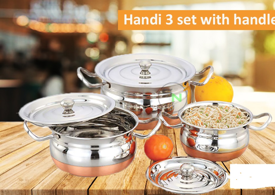 Stainless Steel Copper Bottom Multipurpose Cook & Serve Handi with Lid - Set of 3