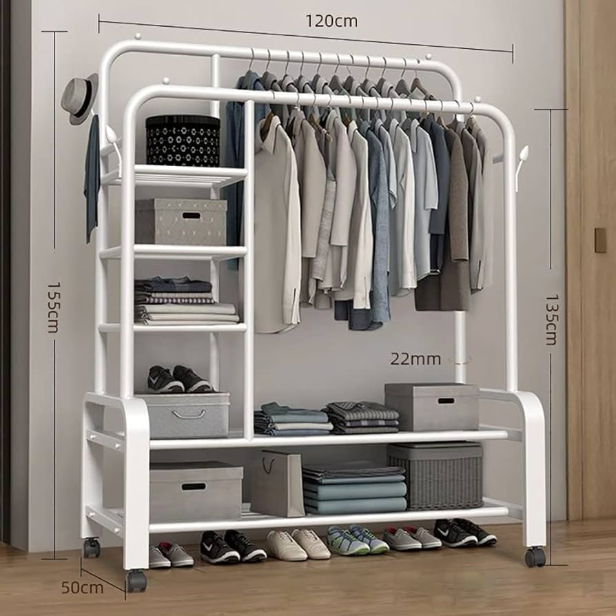 Double Rails Garment Rack with 4 Tier Storage Shelves and 4 Hooks Coat ...
