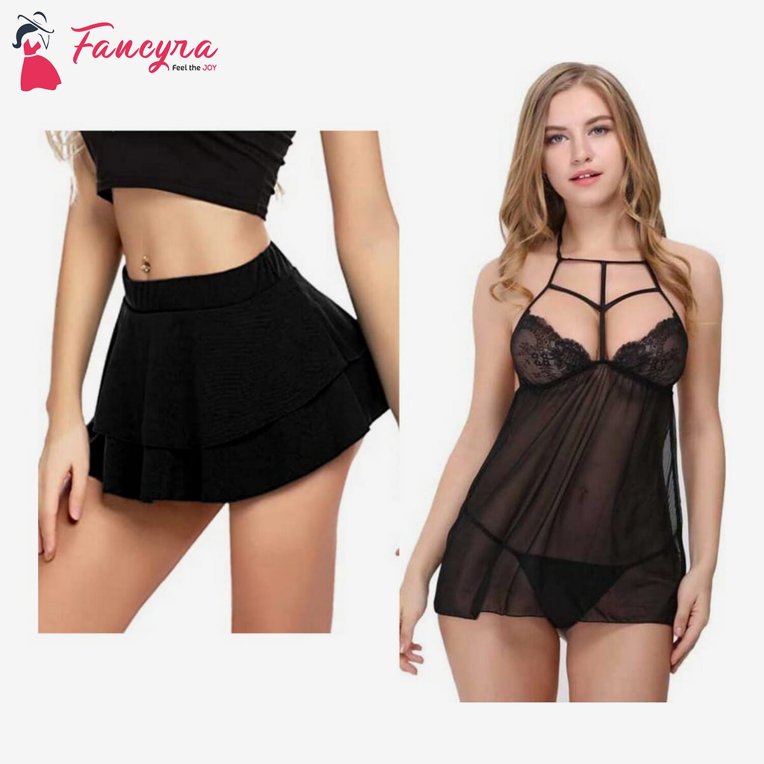 Combo Set of Women Pleated Mini Skirt Solid Ruffle Lingerie Skirts and Lingerie Set Free Size Black Color