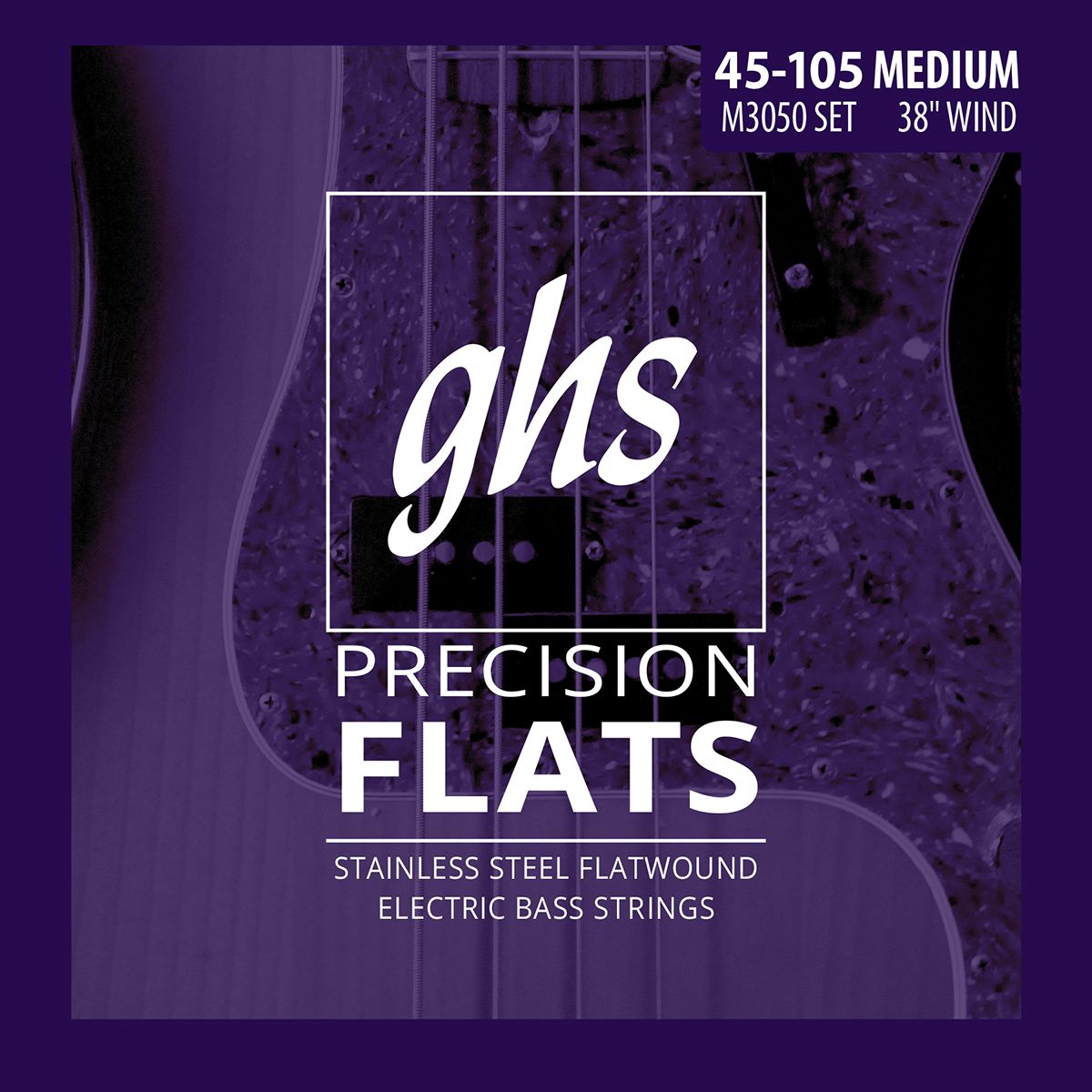 GHS Strings M3050 4-String Bass Precision Flats, Stainless Steel Flatwound Bass Strings, 38" Winding, Medium (45-105)