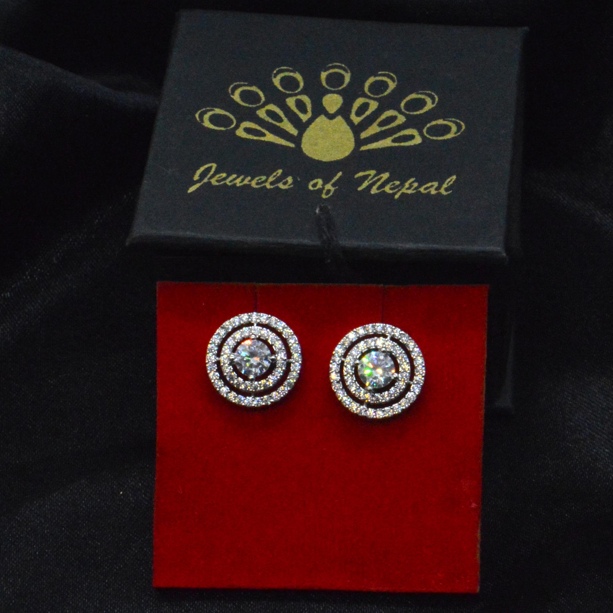 Jewels of Nepal 5A Cubic Zirconia / American Diamond Double Circular Ear Studs For Women