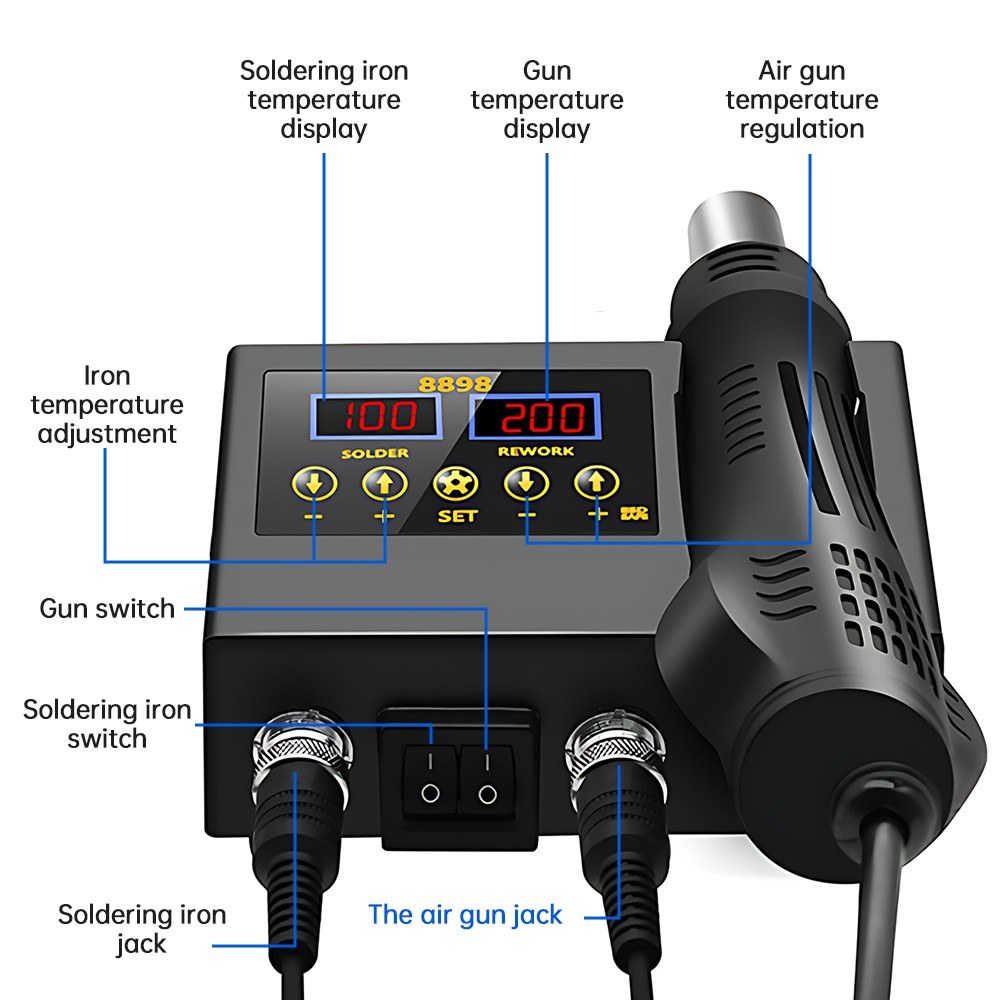2 in 1 Soldering Station LCD Digital Display Hot Air Gun Welding Rework Temperature and Air Volume Adjustable Soldering Iron Kit For Cell-Phone BGA SMD PCB IC Repair Solder Iron Tools. 