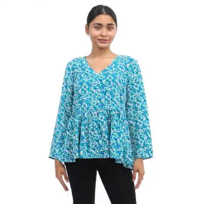 Women's Blue Georgette Floral Print Bell Sleeve Top