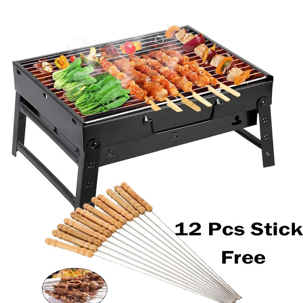Foldable Charcoal BBQ Grill | Portable Barbecue with 12 Sticks | Outdoor Cooking Grill for Travel, Picnic, and Camping