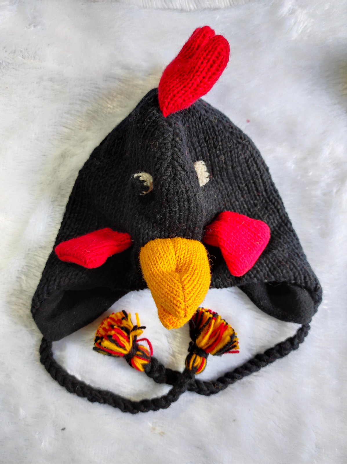 Woolen Knite Animal Black Rooster Beanie Ear Flap Hat/Cap, Topi