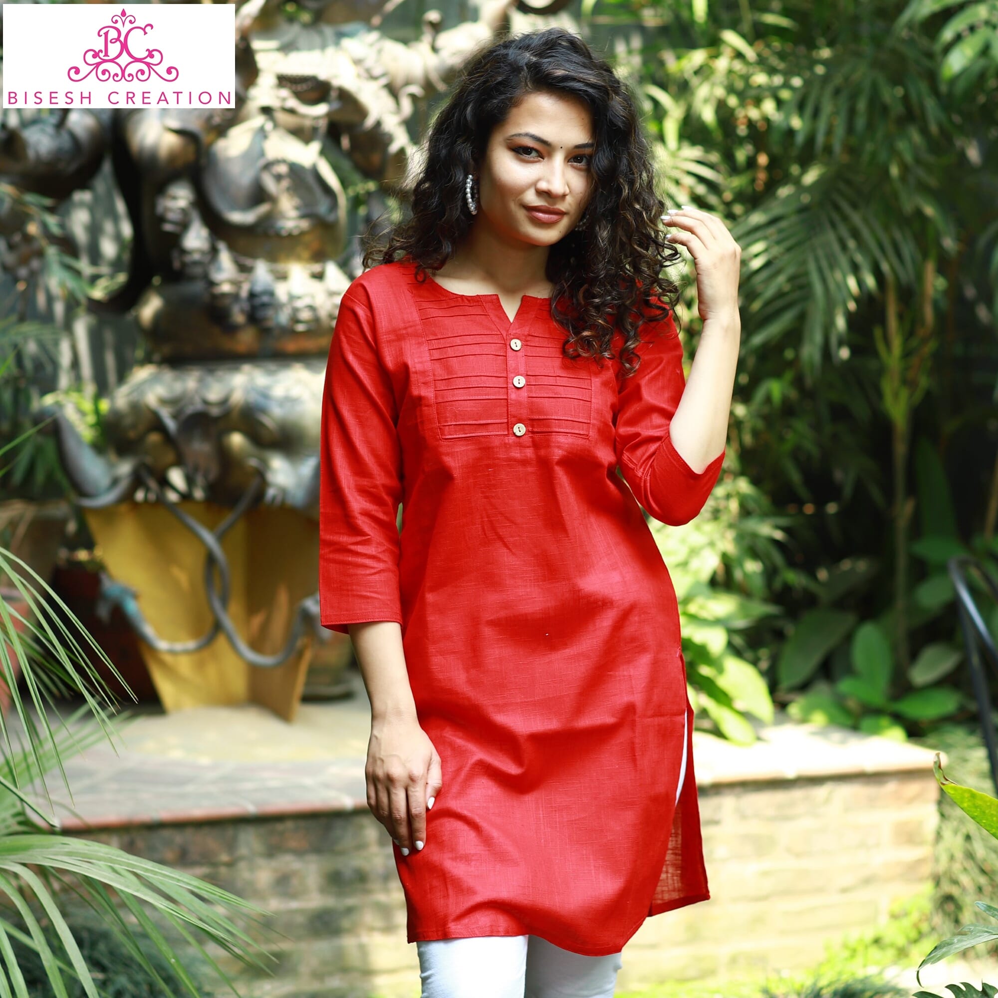 Bisesh Creation Red Slub Cotton Pintucked Tunic For Women-1200