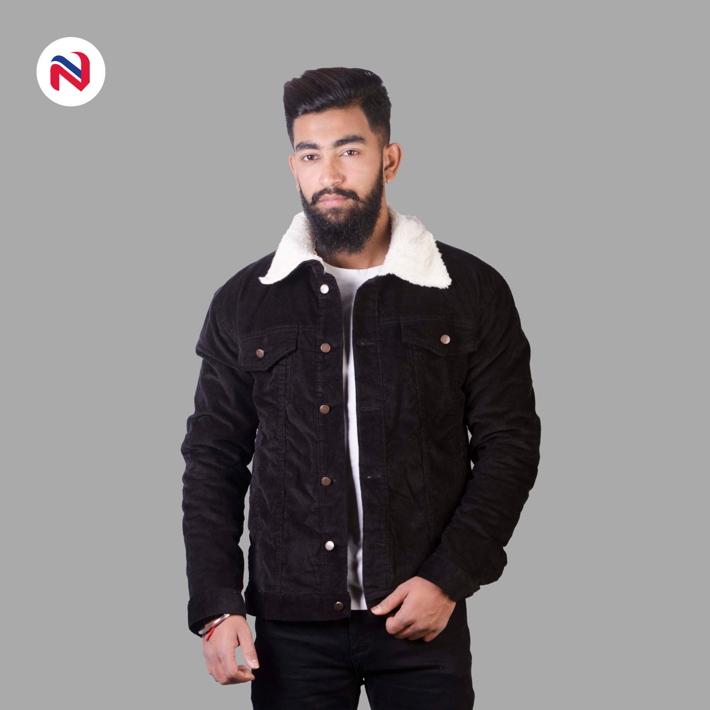 Black Solid Cotrise Fur Jacket For Men 