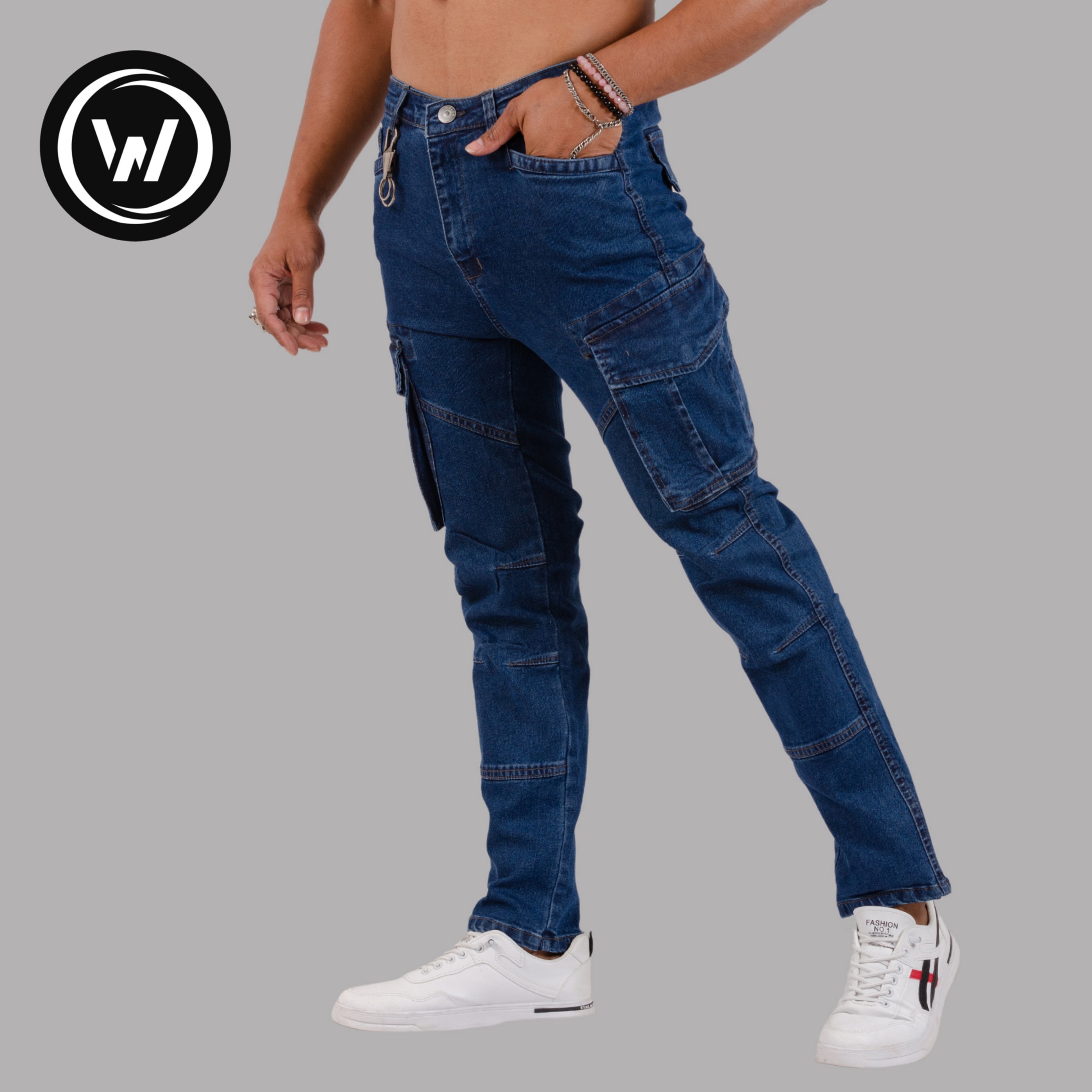 Wraon Dark Blue Stretchable Premium Fancy Denim Cargo Box Pant For Men