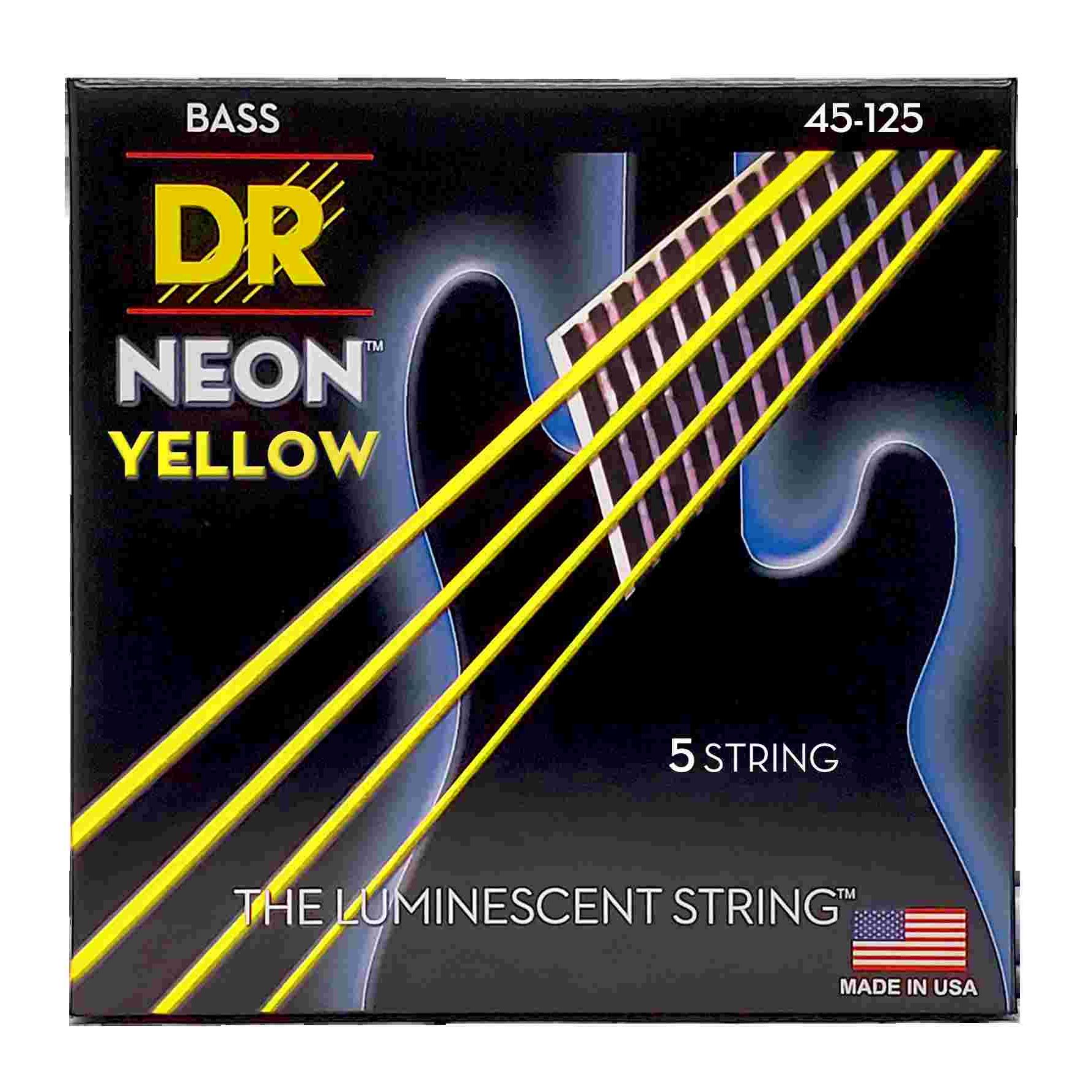 DR Strings 45-125 Hi-Def Neon Yellow K3 Coated Bass Guitar Strings - Medium 5 string