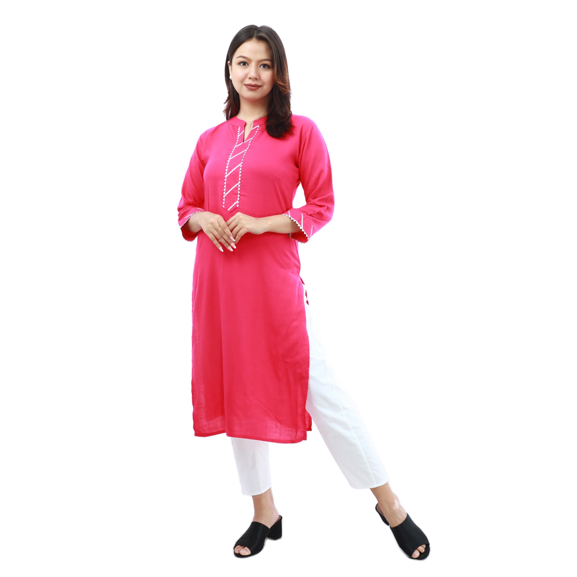 Bisesh Creation Pink Slub Gota Laced Kurthi With Front Button-1400