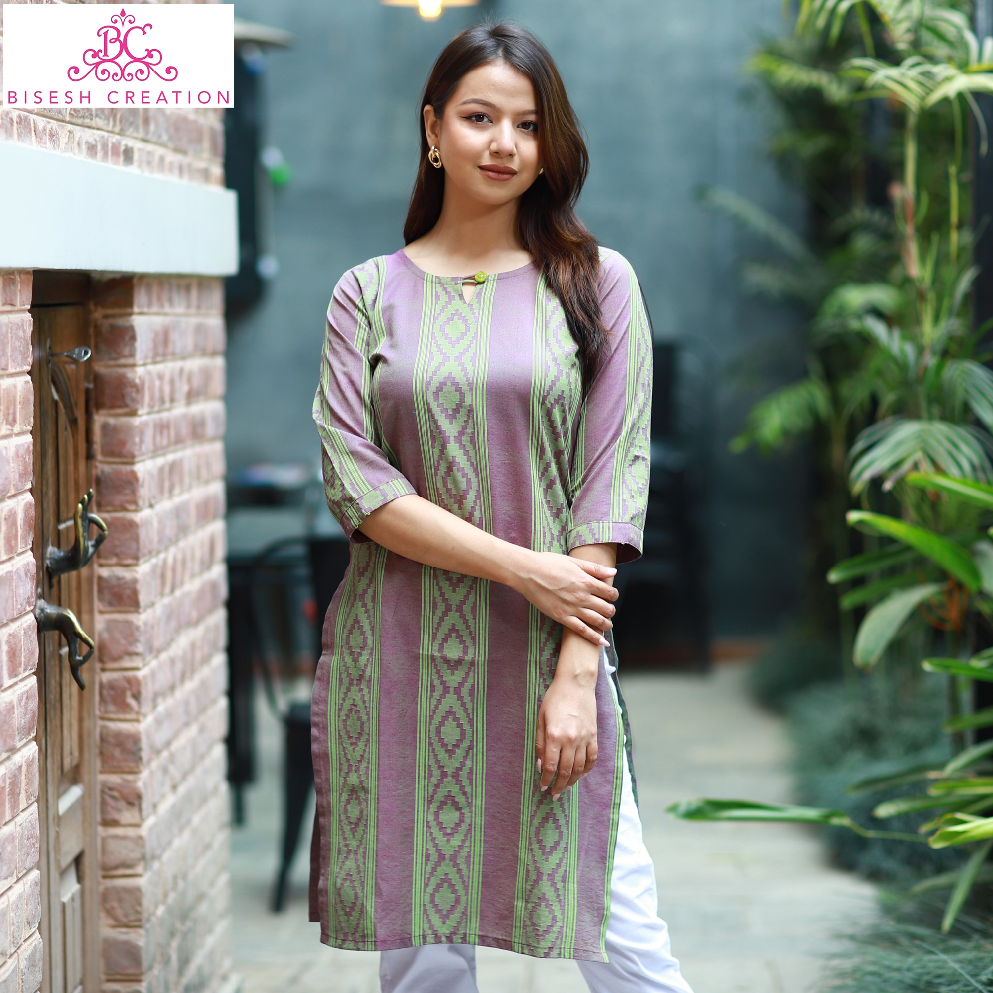 Bisesh Creation Mehandi Green Ikat Border Printed Cotton Kurti For Women-1400