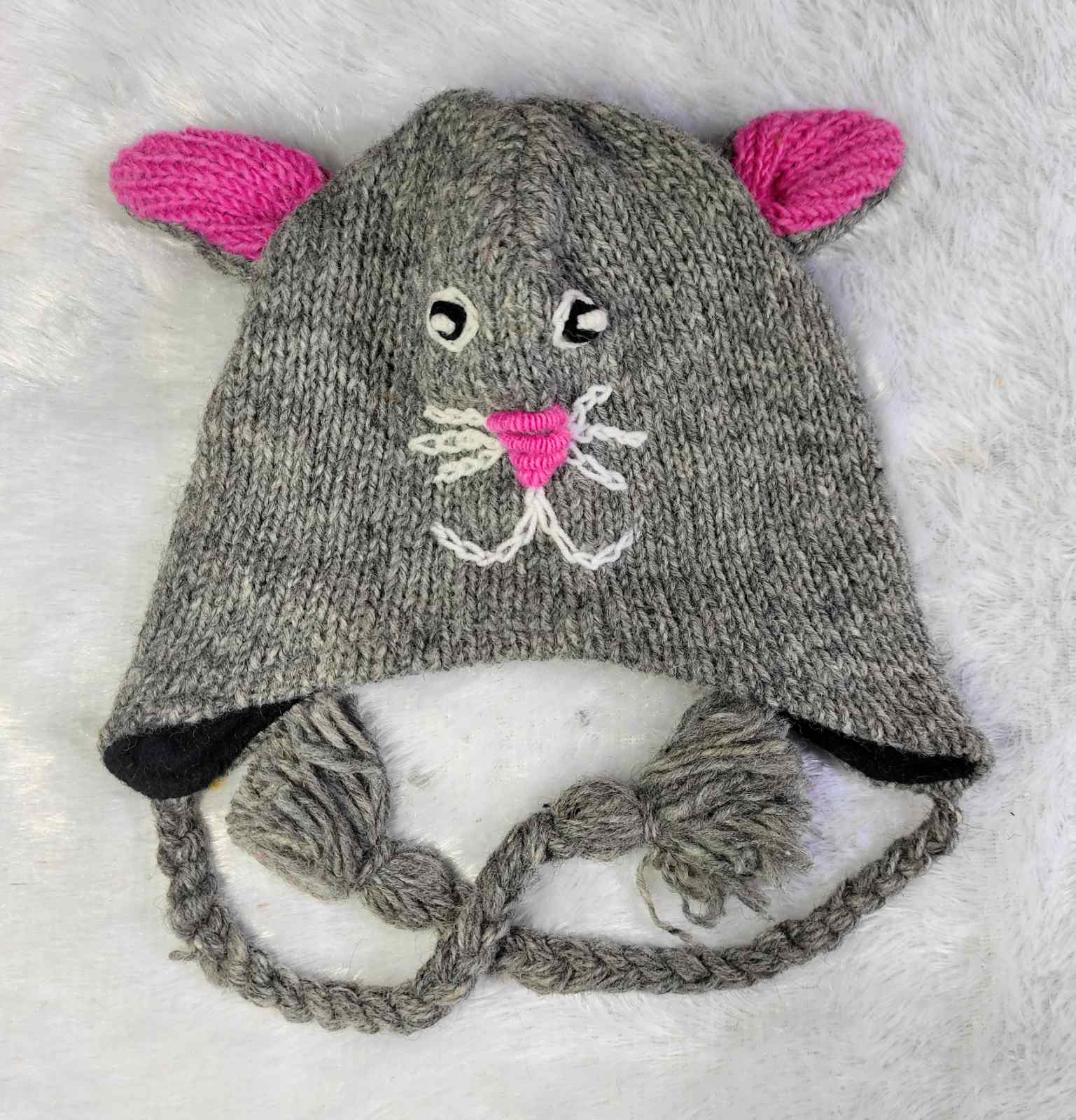 Woolen Gray Color Kitty Face Animal Hat/Cap, Topi For Kids For Unisex