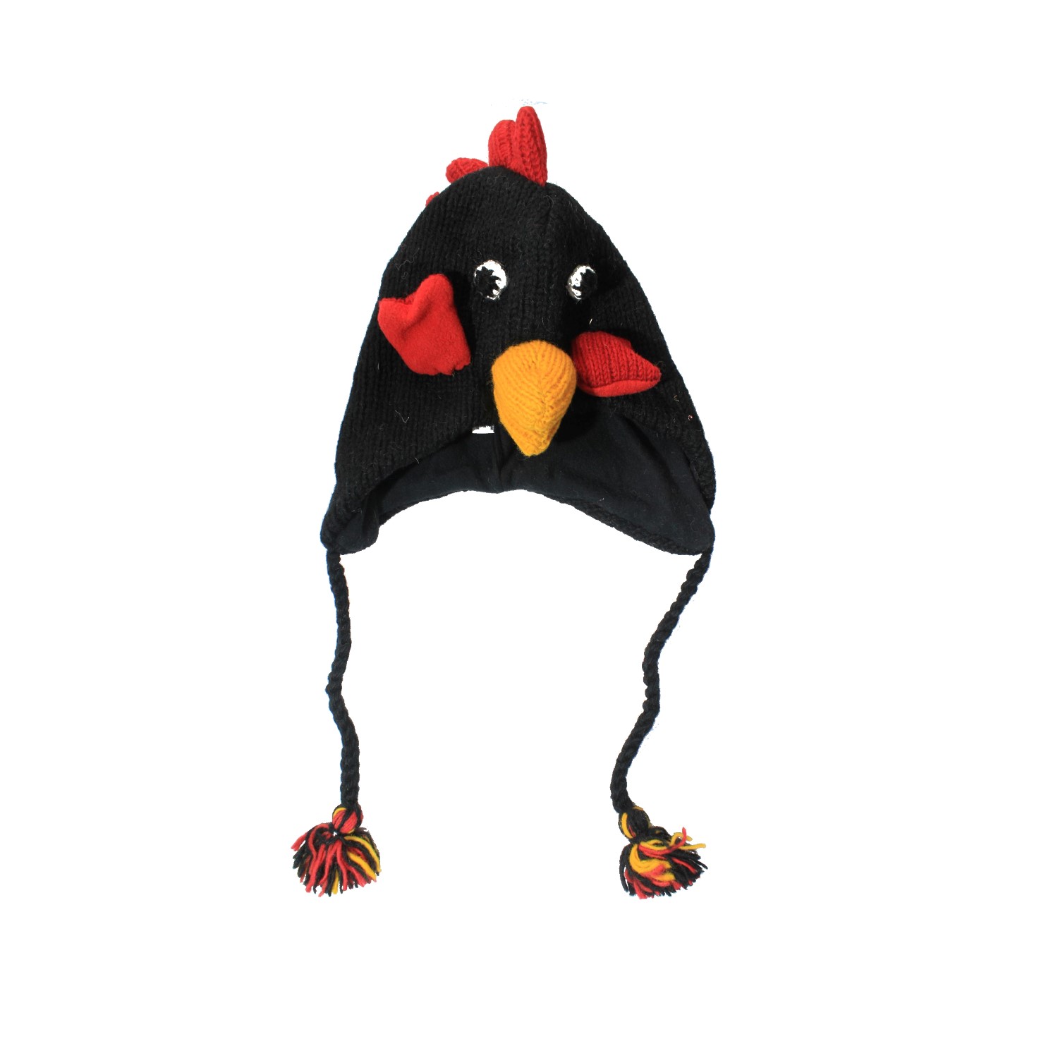 Black Woolen Chicken Design Ear Flap Cap