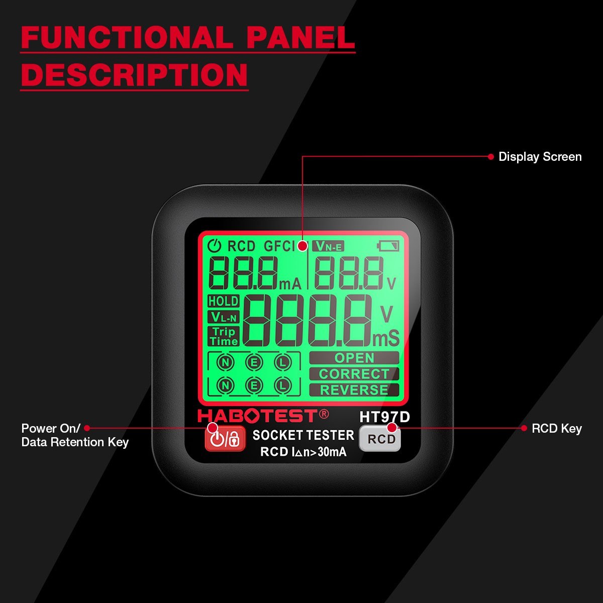 HABOTEST HT97D Digital Socket Tester Voltage Test EU Plug Socket Detector Intelligent Leakage Testing Multifunctional Phase Tester. 