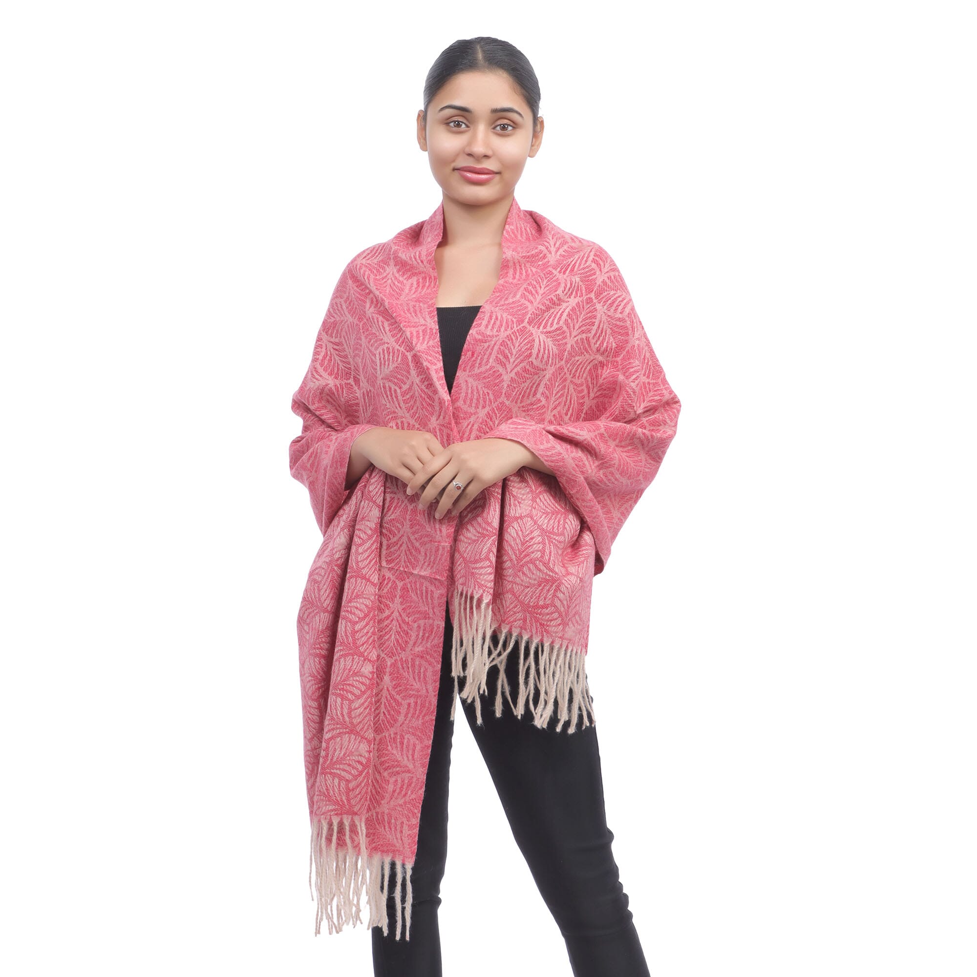 Pink Monte Carlo Pashmina Shawls Pink Leaf Printed Cashmere Shawl