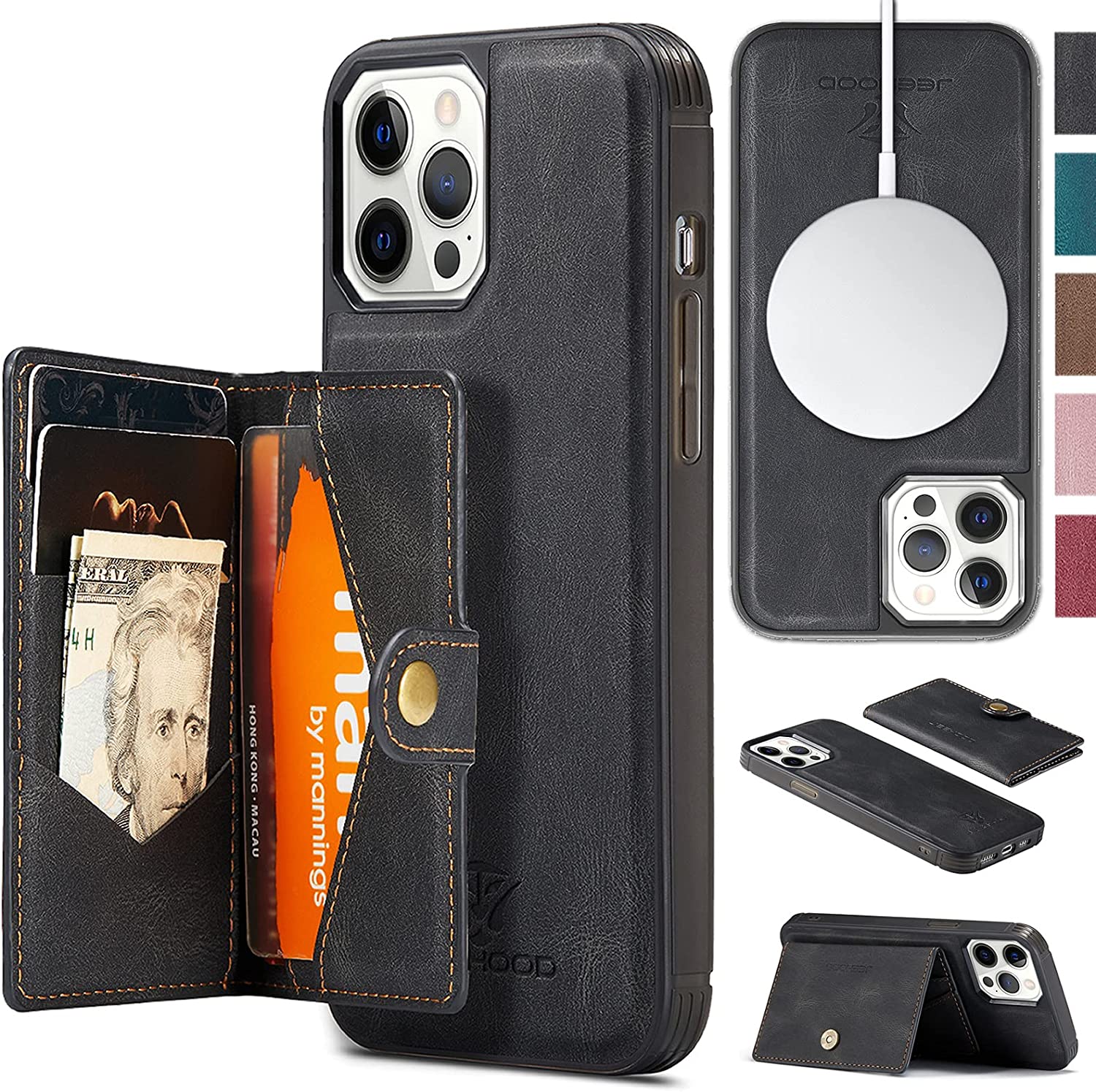 Wallet Case For IPhone 12/12 Pro (6.1 Inch),Premium PU Leather [3 Card Slots] ID Credit Holder [360°Rotatable Ring Holder Magnetic Kickstand] Shockproof Flip Cover Case For Women Men,Black - View #3