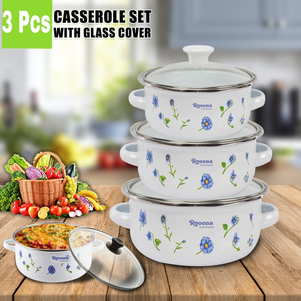 20 Pcs Reoona Enamel Casserole Serving Dish Set With Glass Cover Lid