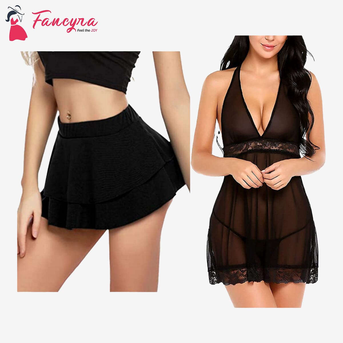 Combo Set of Women Pleated Mini Skirt Solid Ruffle Lingerie Skirts and Lingerie Set Free Size Black Color