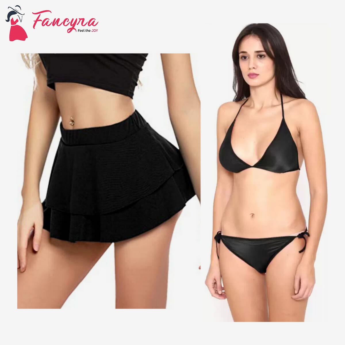Combo Set of Women Pleated Mini Skirt Solid Ruffle Lingerie Skirts and Bra Panty Set Free Size Black Color