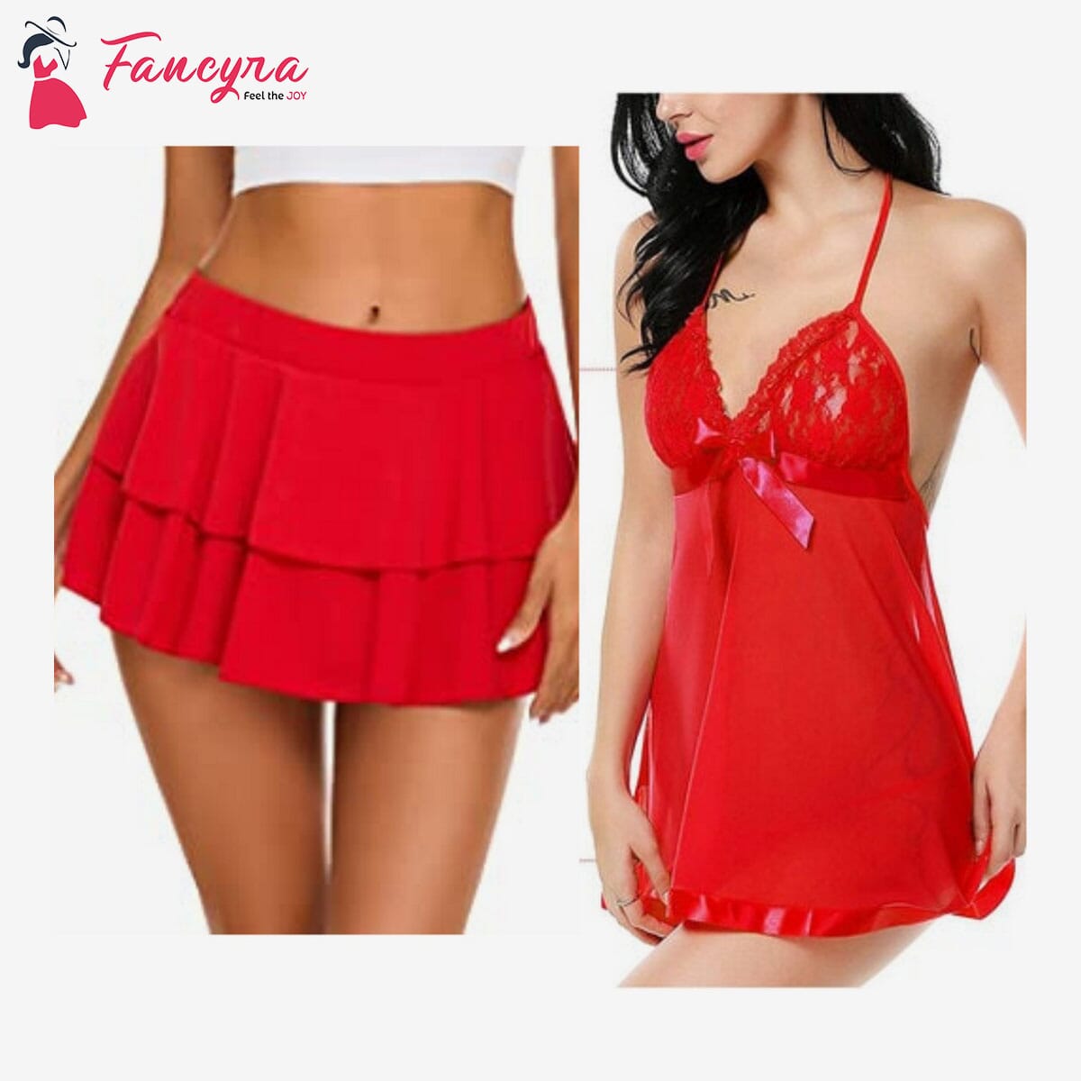 Combo Set of Women Pleated Mini Skirt Solid Ruffle Lingerie Skirts and Lingerie Set Free Size Red Color
