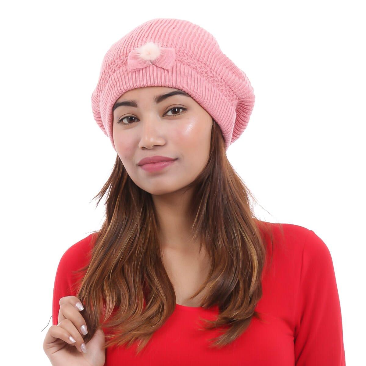 Baby Pink Woolen Inner Fur Beanie For Women